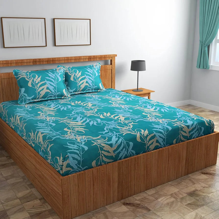Homefab India 160 TC Glace Cotton Double BedSheet with 2 Pillow Covers -  - Aqua, Floral